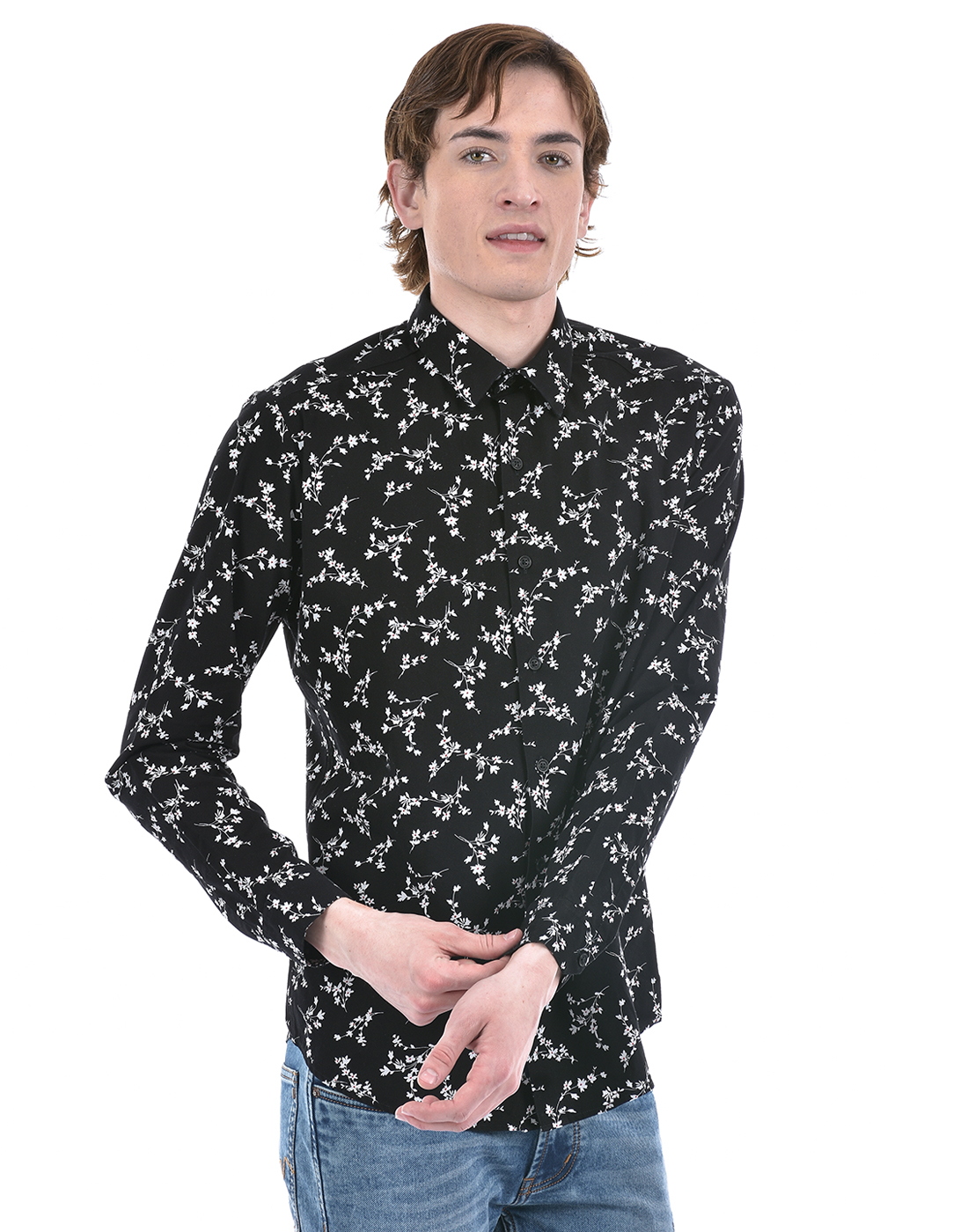 Numero Uno Men Floral Print Black Shirt